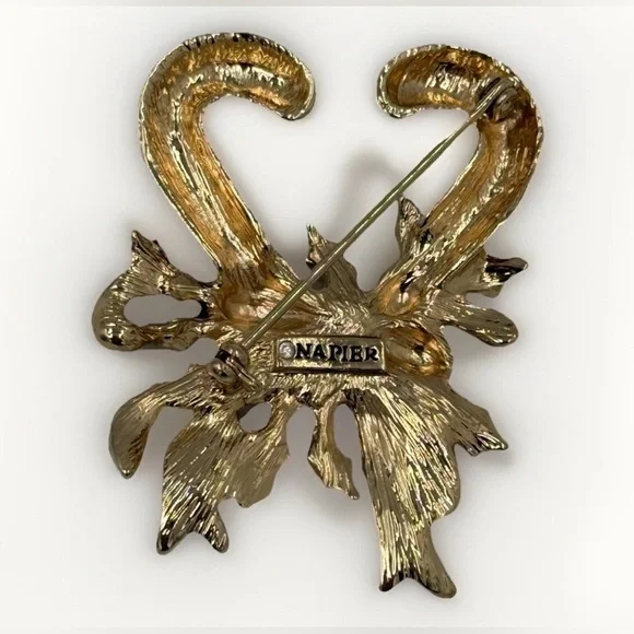 Napier Christmas Double Candy Cane Holly Bow Brooch Pin Gold Tone Enamel 3D - Picture 2 of 3